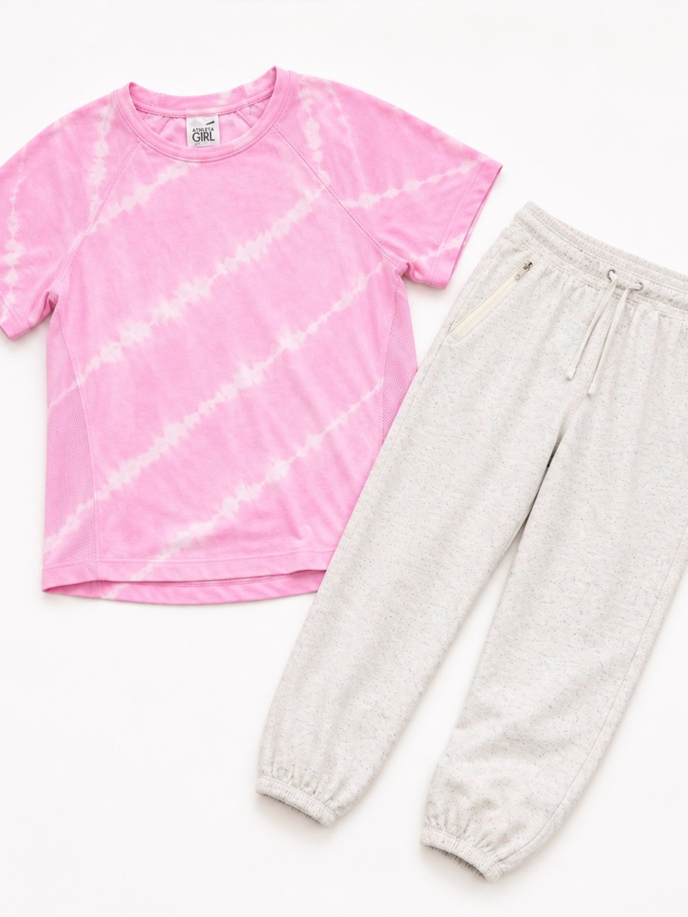 Athleta Girl Outfit Bundle Size L/12 Pink Tie Dye Tee + Confetti Speckle Joggers